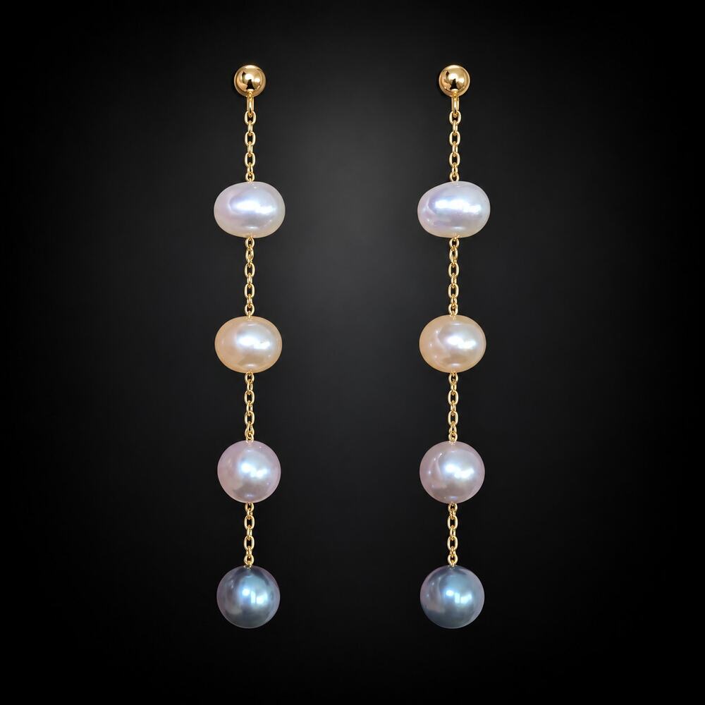 EFFY 14k NWT Yellow Gold Multi Color Freshwater Pearls Drop Earrings 2.1 in Long
